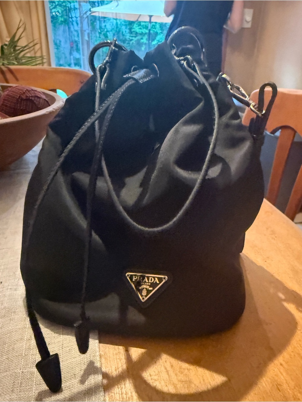 Prada Black Nylon Drawstring Bucket Shoulder Bag with Gold Logo